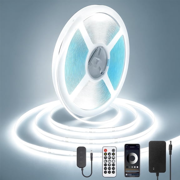 COB LED Light Strip 50FT 6500K 24V Super Bright Dimmable White LED Strip Lights with Remote APP Control Flexible Rope Lights Indoor for Office Home Kitchen Cabinet Living Room DIY Lighting