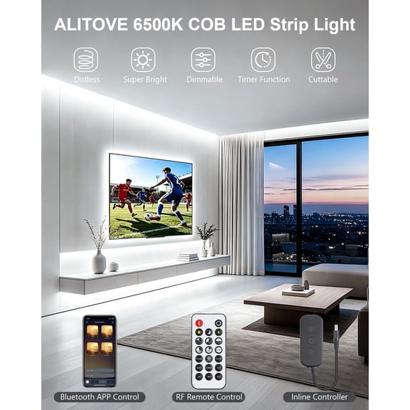 COB LED Light Strip 50FT 6500K 24V Super Bright Dimmable White LED Strip Lights with Remote APP Control Flexible Rope Lights Indoor for Office Home Kitchen Cabinet Living Room DIY Lighting