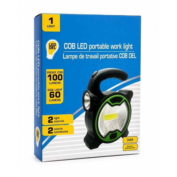 COB LED Portable Work Light, 100 Lumen Front Light & 60 Lumen Side Light, Battery Operated Handheld Utility Lantern, Black & Green