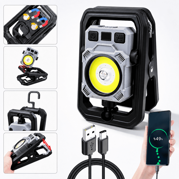 COB LED Rechargeable Work Light, Magnetic Base & Clip Portable Dimmable Flashlight with Digital Power Indicator, Red Strobe Emergency Light for Mechanic Car Repair Camping Fishing Garage Workshop