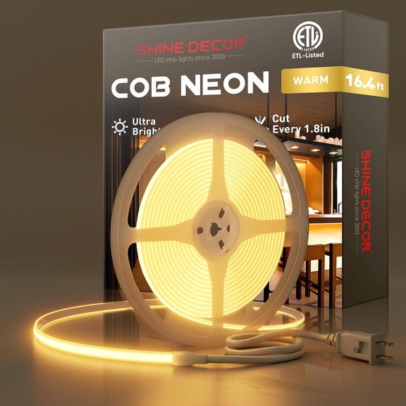 COB LED Rope Light AC 120V, 800lm Ultra Bright, IP65 Waterproof Cold-Resistant ETL Neon Strip, No Driver Tape Lighting for Home Commercial 10x4.5mm, 2800K Warm White, 16.4ft