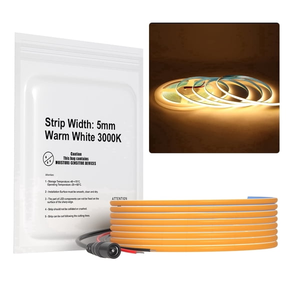 5mm COB LED Strip Light, 16.4FT DC 12V 3000K COB Light Strip, 400LEDs/M Cuttable LED Light Strip for Bedroom Home Kitchen Cabinet Decor (NO Power Supply)