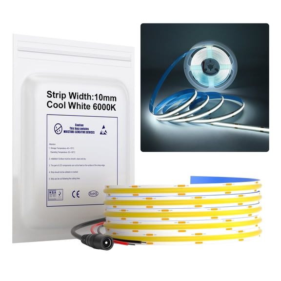 COB LED Strip Light 16.4ft 12V, 6000K Cool White, 528 LEDs/m, High Brightness, 10mm Flexible LED Tape for Indoor DIY Lighting(No Adapter&Controller)