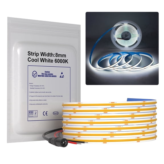 8mm COB LED Strip Light, 16.4FT DC 12V 6000K COB Light Strip, 480LEDs/M Cuttable LED Light Strip for Bedroom Home Kitchen Cabinet Decor (NO Power Supply)