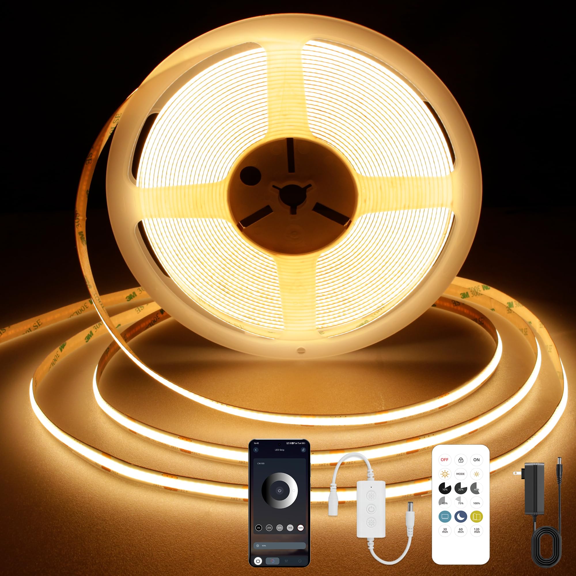 Led Timer Strip COB LED Strip Light 2700K, 24ft Dimmable Warm White LED Strip Light ...