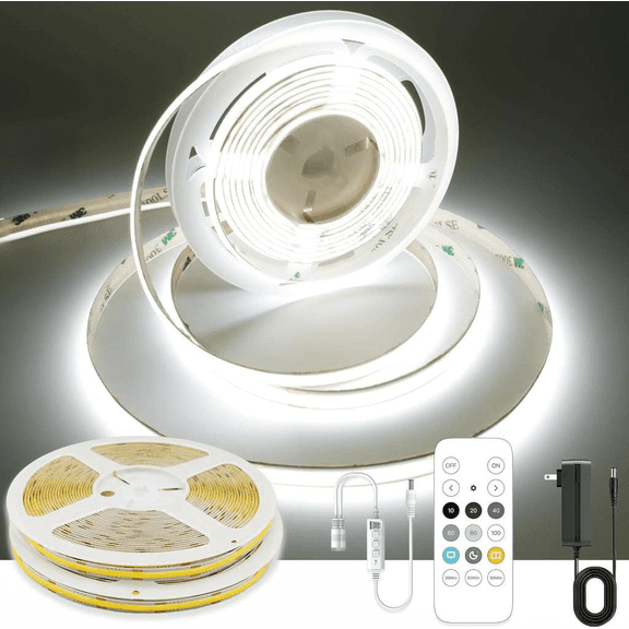 COB LED Strip Light, 32.8 Ft, Daylight White 6000K, Dimmable, 320 LEDs, Includes RF Remote and UL Power Supply