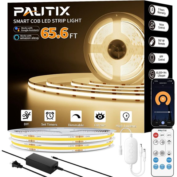 COB LED Strip Light 65.6ft/20m,Work with Alexa/Google Assistant,9600 LEDs Warm White 3000K,CRI93+ Super Bright High Lumen,Dimmable 24V Flexible LED Light Strip,for Bedroom,Ceiling,Office,DIY