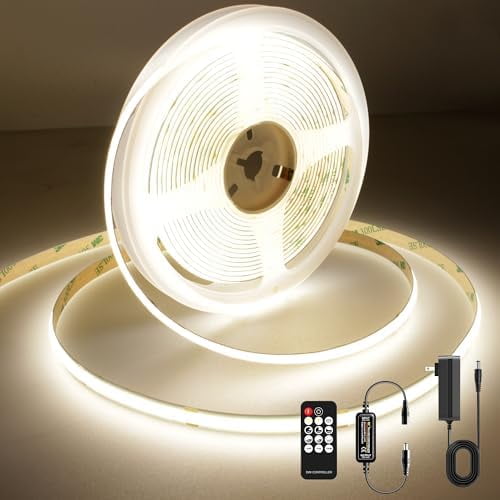 COB LED Strip Light with Remote, Dimmable 16.4FT/5M Flexible High Density LED Light,4000K Natural White 2400LEDs Super Bright LED Light Strip CRI 90+ for Bedroom,Kitchen,DIY Home Decoration