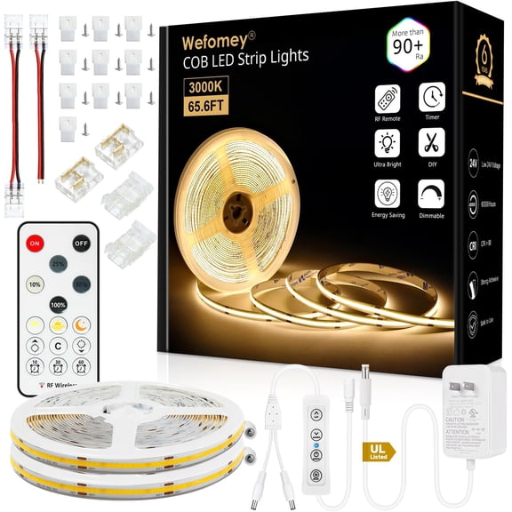 COB LED Strip Light Warm White, 66ft Dimmable 3000K Super Bright White Led Lights with Remote and UL Power Supply, 24V Flexible LED Tape Light for Bedroom, Kitchen, DIY Lighting (2 Rolls of 33ft)
