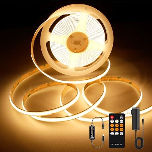 COB LED Strip Light Warm White, High Bright LED Lights with 2400LEDs, RF Remote and UL Power Supply, 2700K Dimmable LED Rope Lights for Mirror, Bedroom, Kitchen, DIY Home Decoration