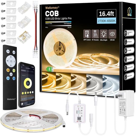 COB LED Strip Light White, 16.5ft Dimmable 2700K-6500K High Density 3100LEDs 24V Flexible LED Tape Light with Remote and APP Control, for Under Cabinet Bedroom Kitchen DIY Lighting