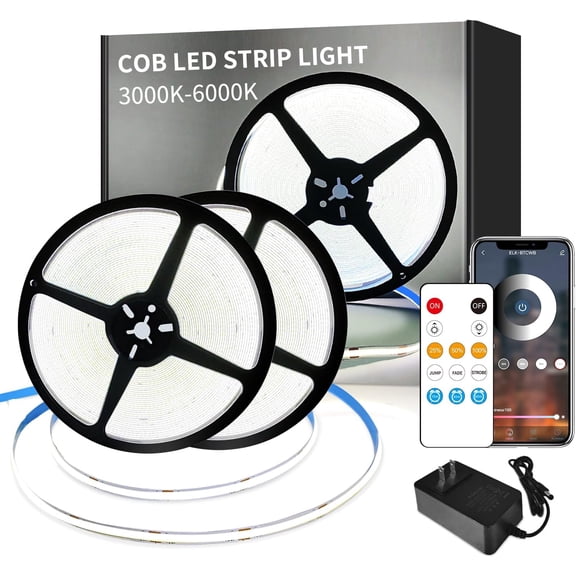 COB LED Strip Lights 100ft,6000K DC 24V Dimmable White Flexible LED Rope Lights for Bedroom,with Remote and app Control LED Lights Strip for Living Room, Shelf, Cabinet(2 Rolls of 50ft)