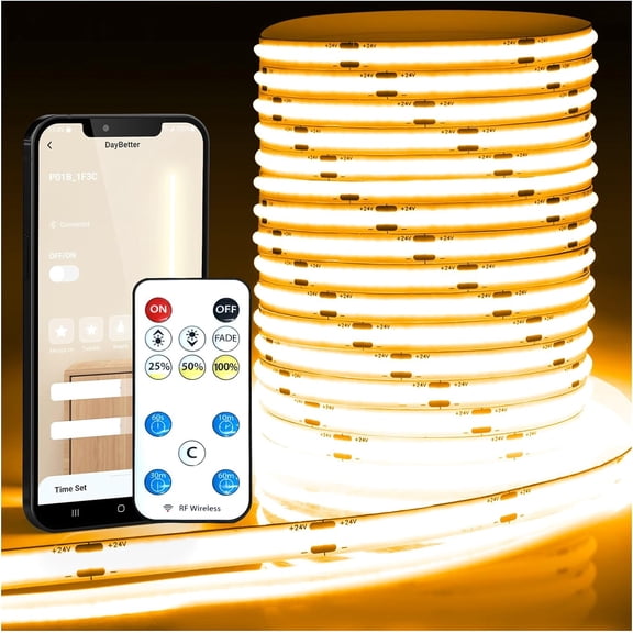 COB LED Strip Lights, 16.4 ft/5 m 1600 LEDs Bright Warm White LED Light Strips with Remote and App, 3000K Dimmable LED Tape Light, Indoor COB LED Lights for Bedroom, DIY Lighting, Room Decor