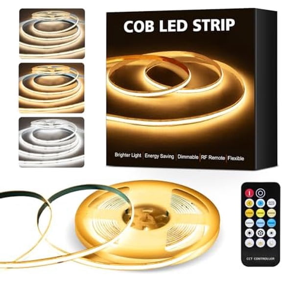 COB LED Strip Lights, 16.4Ft Dimmable White(2700K-6500K) LED Lights for Bedroom with RF Remote, 24V Ultra Bright 2800 LEDs High Density Under Cabinet Lighting for DIY TV LED Backlight Mirror Kitchen