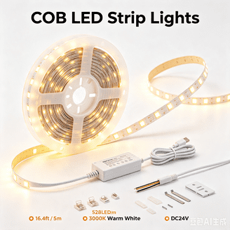 COB LED Strip Lights 32.8FT – 3000K Warm White, Dimmable DC 24V, With Remote & App Control, For Bedroom, Cabinets & Shelves