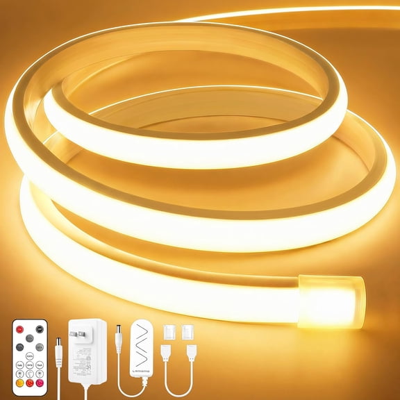 COB LED Strip Lights 32.8Ft, Warm White Dimmable Self-Adhesive Led Rope Light with Remote, Flexible Cuttable Waterproof 3000K Silicone Neon Tape Light for Bedroom, Indoor, Cabinet, 10mm Width