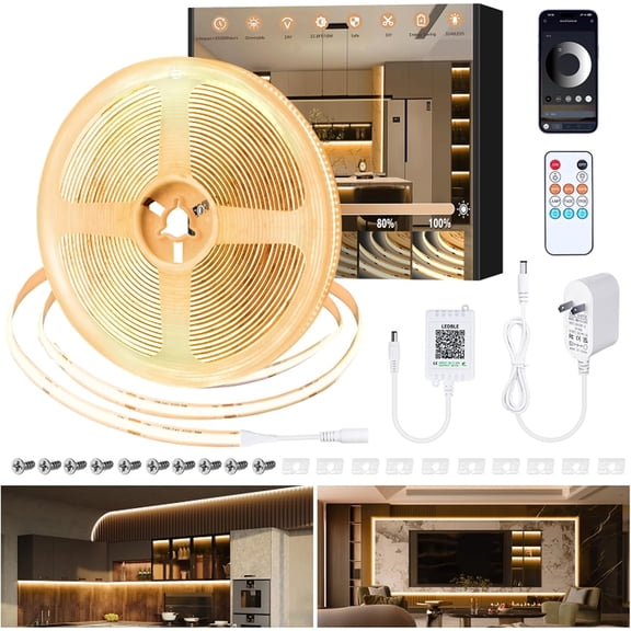 COB LED Strip Lights 32.8ft,3000K DC 24V Dimmable Warm White Flexible LED Lights Strip for Bedroom,with Remote and app Control LED Rope Lights for Living Room,Shelf,Cabine,Bed