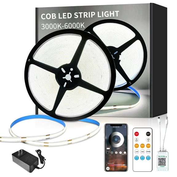 COB LED Strip Lights 50ft,6000K DC 24V Dimmable White Flexible LED Rope Lights for Bedroom,with Remote and app Control LED Lights Strip for Living Room, Shelf, Cabinet
