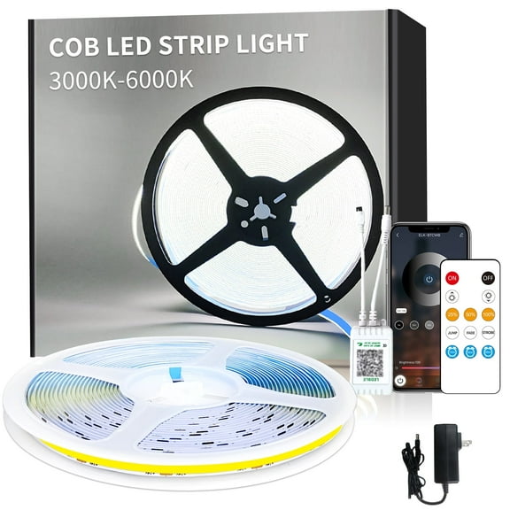COB LED Strip Lights 6000K 66ft DC 24V Dimmable White Flexible LED Tape Light for Bedroom, with Remote and app Control LED Tape Lights CRI90+,forLiving Room, Shelf, Cabinet Home Decoration