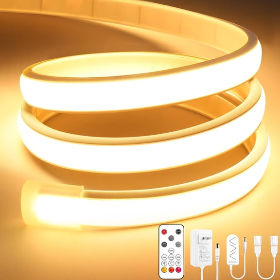 COB LED Strip Lights Pro, 16.4Ft Warm White Dimmable Self-Adhesive Led Rope Light with Remote, Flexible Cuttable Waterproof 3000K Silicone Neon Tape Lights for Bedroom, Indoor, Outdoor,Cabinet