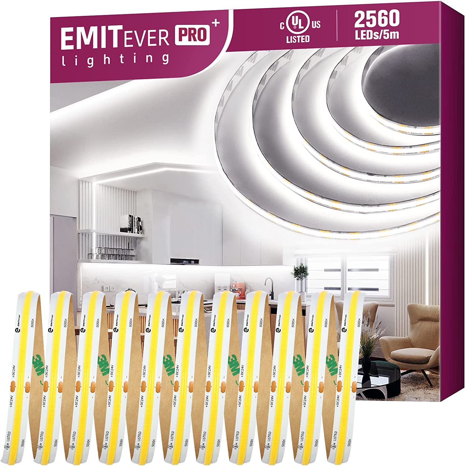 COB LED Strip Lights White, 5000K Tape Light Premium High Density, DC