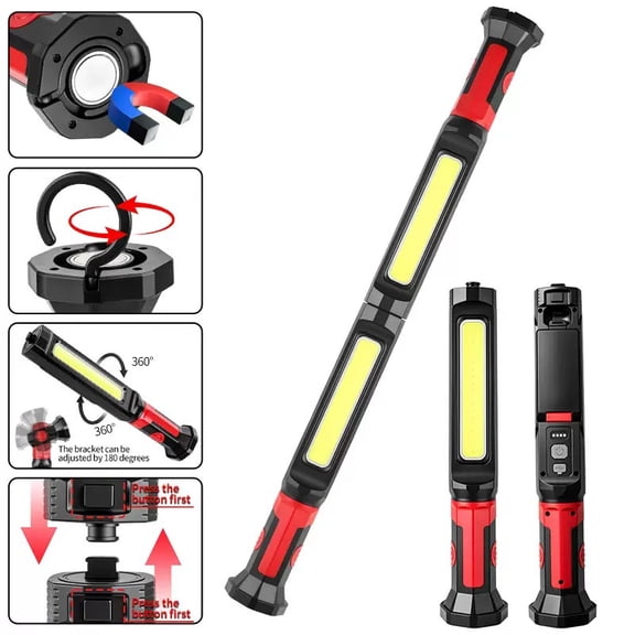 COB LED Work Light 2 Pack, Rechargeable Magnetic Flashlight with Rotating Hook & Base Magnet, Splicable Inspection Lamp for Garage & Auto Maintenance