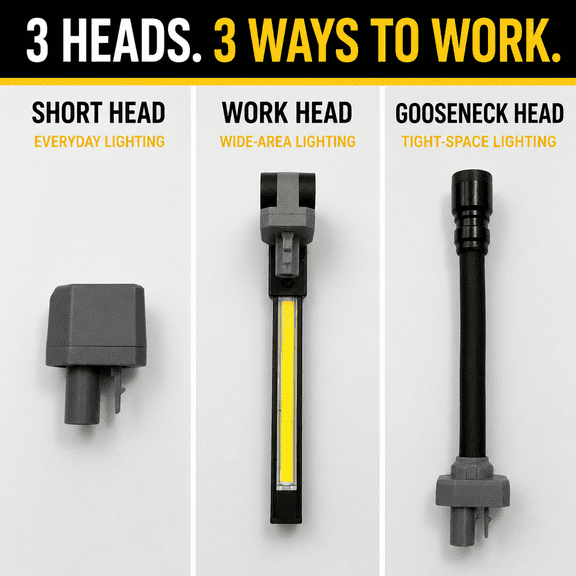 COB LED Work Light, Magnetic Base, Flexible Gooseneck, USB Rechargeable, Interchangeable Heads