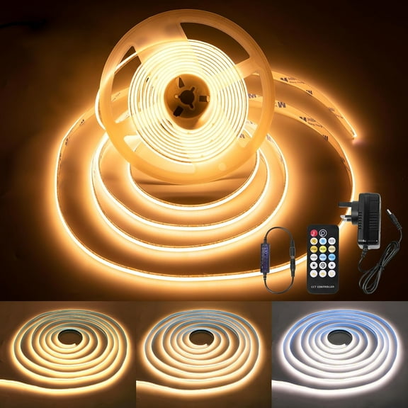 COB Led Strip Light 16.4ft Warm White LED Lights for Bedroom, Ultra Bright 24V Cabinet Strip Lighting with Remote Control, Ambient Mood Lighting for DIY Mirror, TV, Nightstand, Kitchen