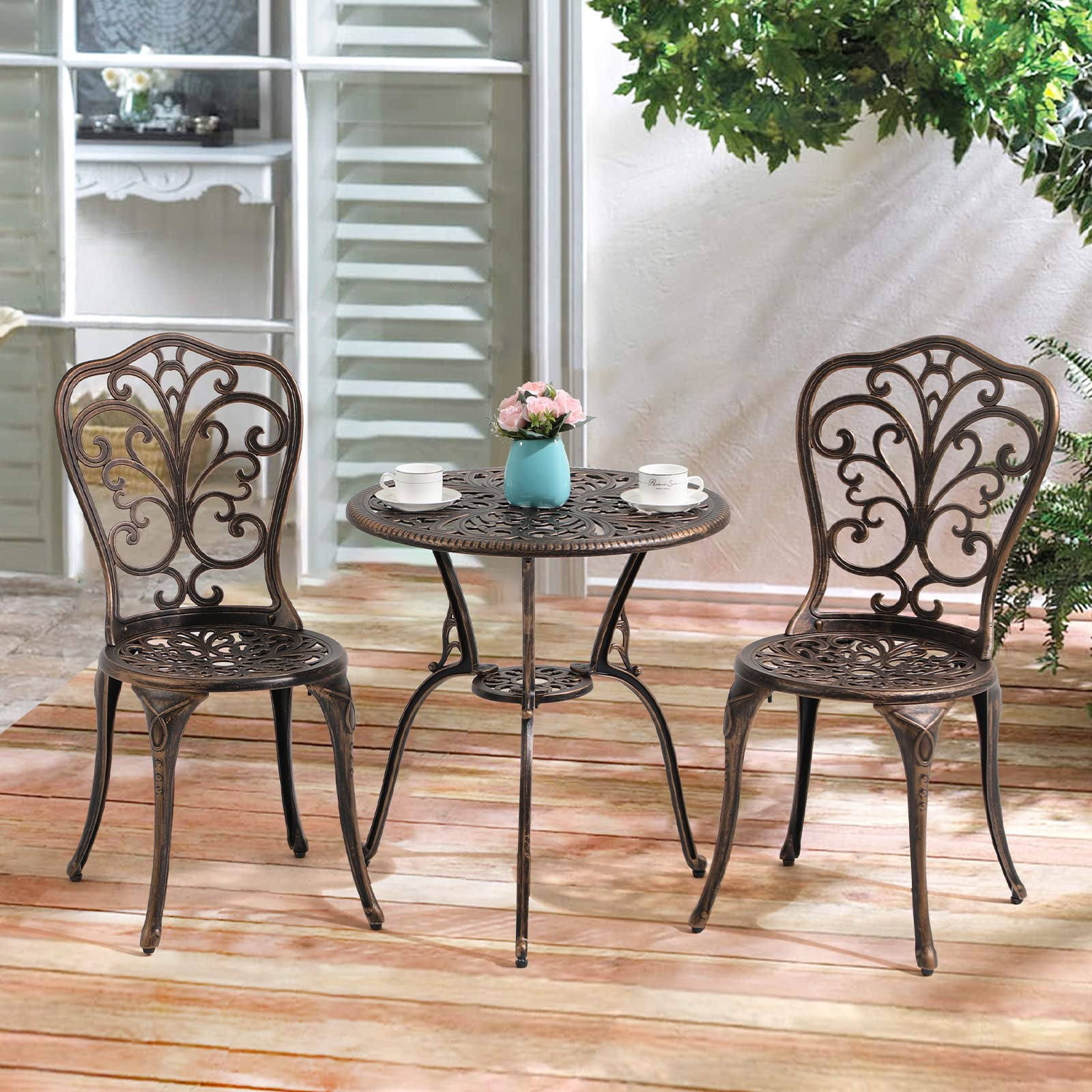 "COBANA 3pc Outdoor Furniture Bistro Set, Cast Aluminum Patio Dining Table and Chairs, 2 ...