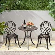 COBANA 3-Piece Outdoor Bistro Set, All Weather Cast Aluminum Patio Dinning Retro Table and Chairs with 2" Umbrella Hole, Bronze