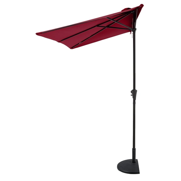 COBANA 7.5’ by 4’ Half Rectangular Outdoor Patio Umbrella with Base Included, Perfect for Balcony, Garden, Deck, Dark Red