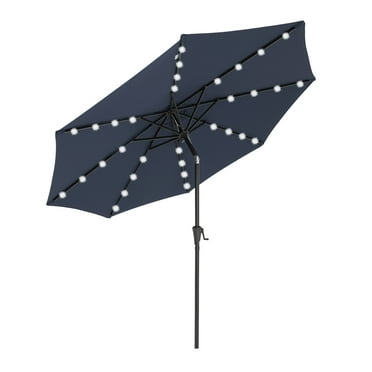 COBANA 9’ Solar Patio Umbrella with 32 LED Lights, Outdoor Table Market Umbrella with Tilt and Crank, Dark Blue