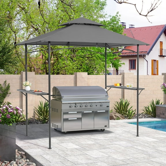 COBANA Grill Gazebo 8’ by 5’ Outdoor Patio Backyard BBQ Grill Shelter Double Tiered Soft Canopy Top with Steel Frame and Bar Counters, Gray
