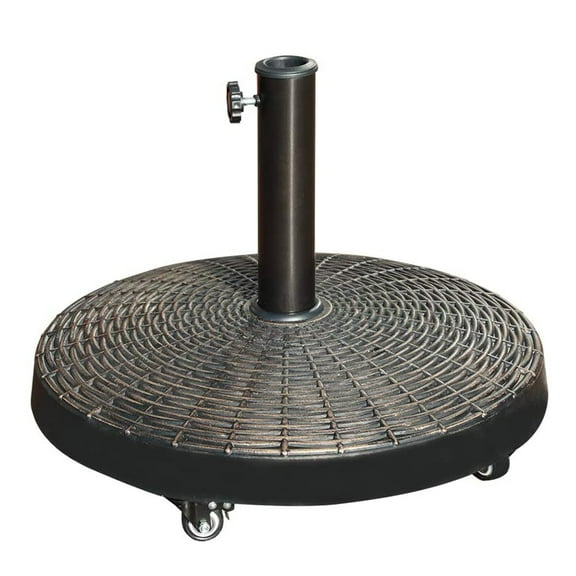 COBANA Patio Umbrella Base with Lockable Wheels, Heavy-Duty Stand Resin Weights for Outdoor Market Umbrella, Rattan Design, 52lbs, Bronze