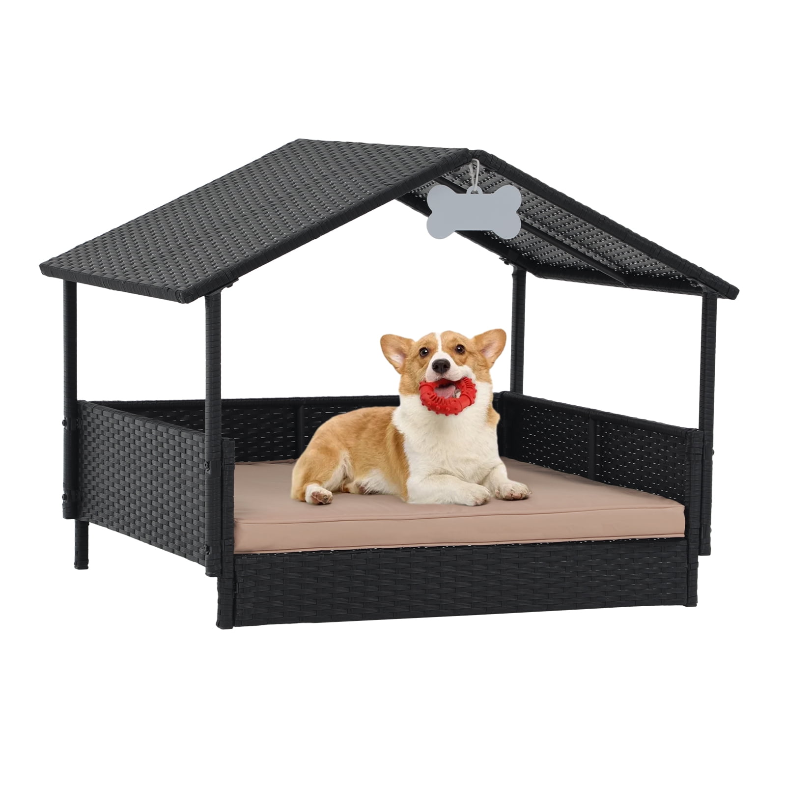 COBANA Wicker Dog House, Indoor Outdoor Elevated Rattan Dog Bed with ...