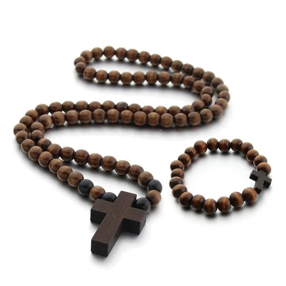 COBBEKO Classic Natural Wood Beads for Cross Pendant Necklace for Men Women Religious Rosary Jewelry Handmade Prayer Accessories