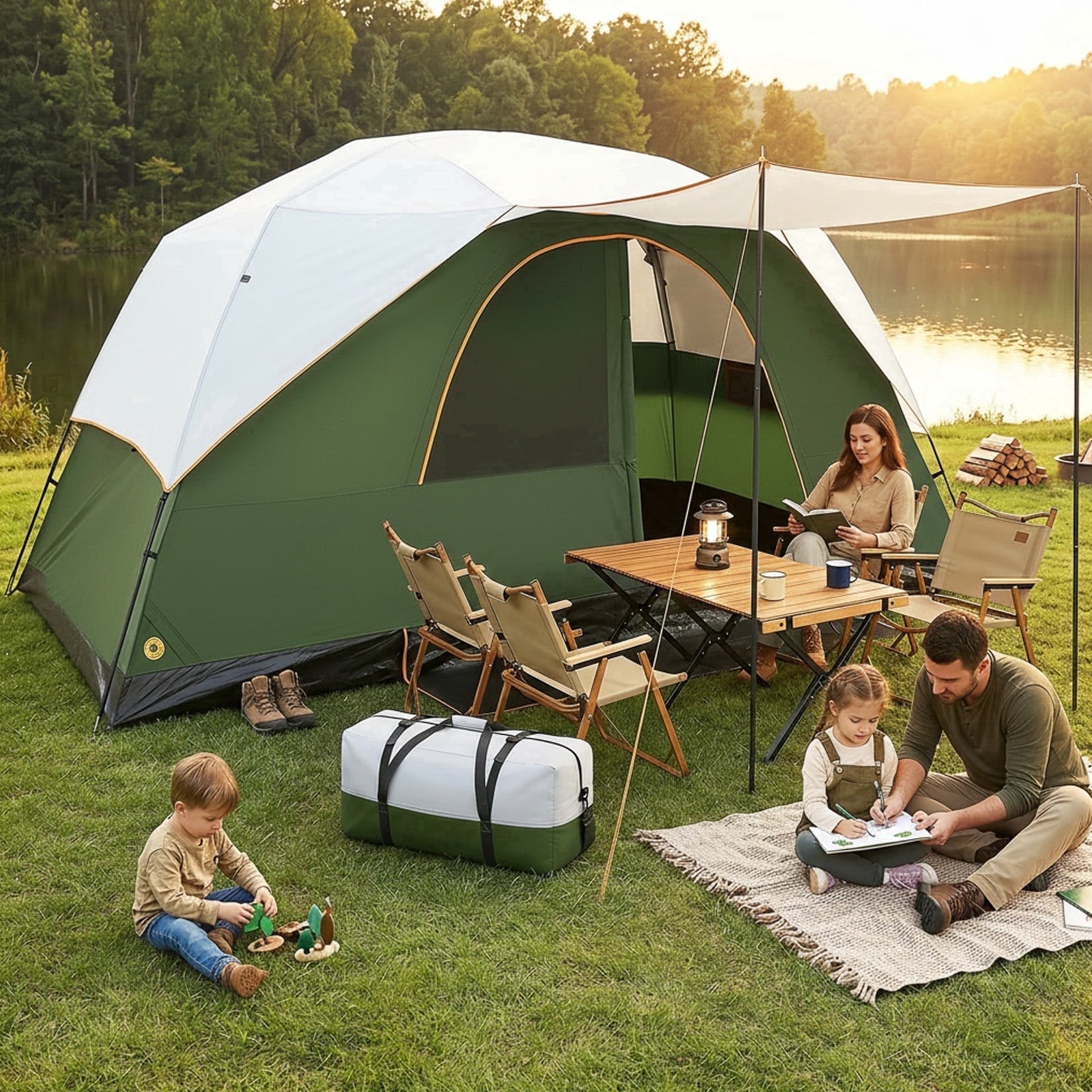 COBIZI 6-8-10 Person Camping Tent,Large Family Cabin Tent with Removable Rainfly,Mesh Roof for Stargazing,84" Tall Center,Waterproof Design,Carry Bag,Green
