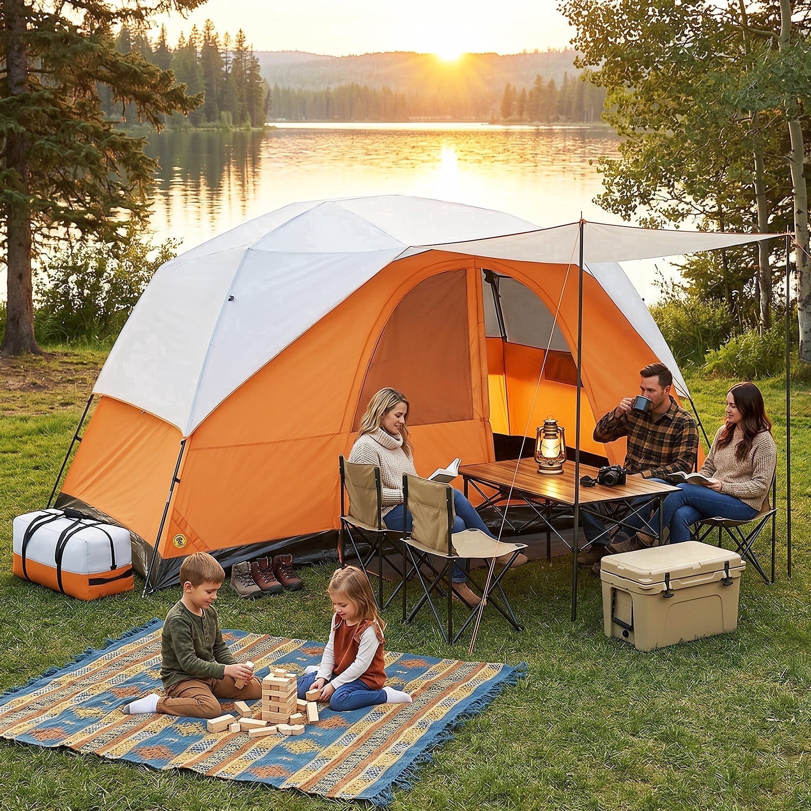 COBIZI 6-8-10 Person Camping Tent,Large Family Cabin Tent with Removable Rainfly,Mesh Roof for Stargazing,84" Tall Center,Waterproof Design,Carry Bag,Orange