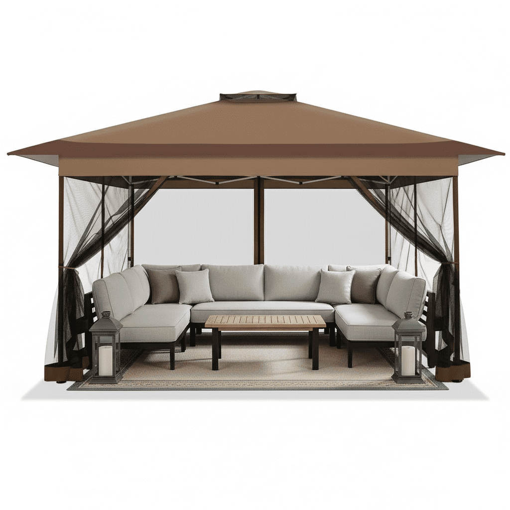COBIZI 10x15 Pop-Up Gazebo with Mosquito Netting, Outdoor Patio Canopy Tent with 2-Tier Ventilated Roof, 3 Adjustable Heights, Provides 150 Sq Ft Shade, Brown