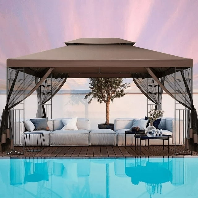 COBIZI 10' x 13' Pop Up Gazebo, Screened Patio Gazebo, Outdoor Steel Double Roof Canopy Tent, Metal Frame Canopy with Mosquito Netting, Sunshade for Garden, Lawns, Brown