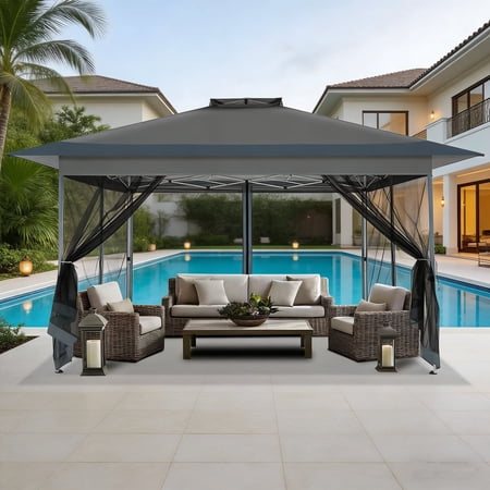 COBIZI 10x15 Pop-Up Gazebo with Mosquito Netting, Outdoor Patio Canopy Tent with 2-Tier Ventilated Roof, 3 Adjustable Heights, Provides 150 Sq Ft Shade, Dark Grey