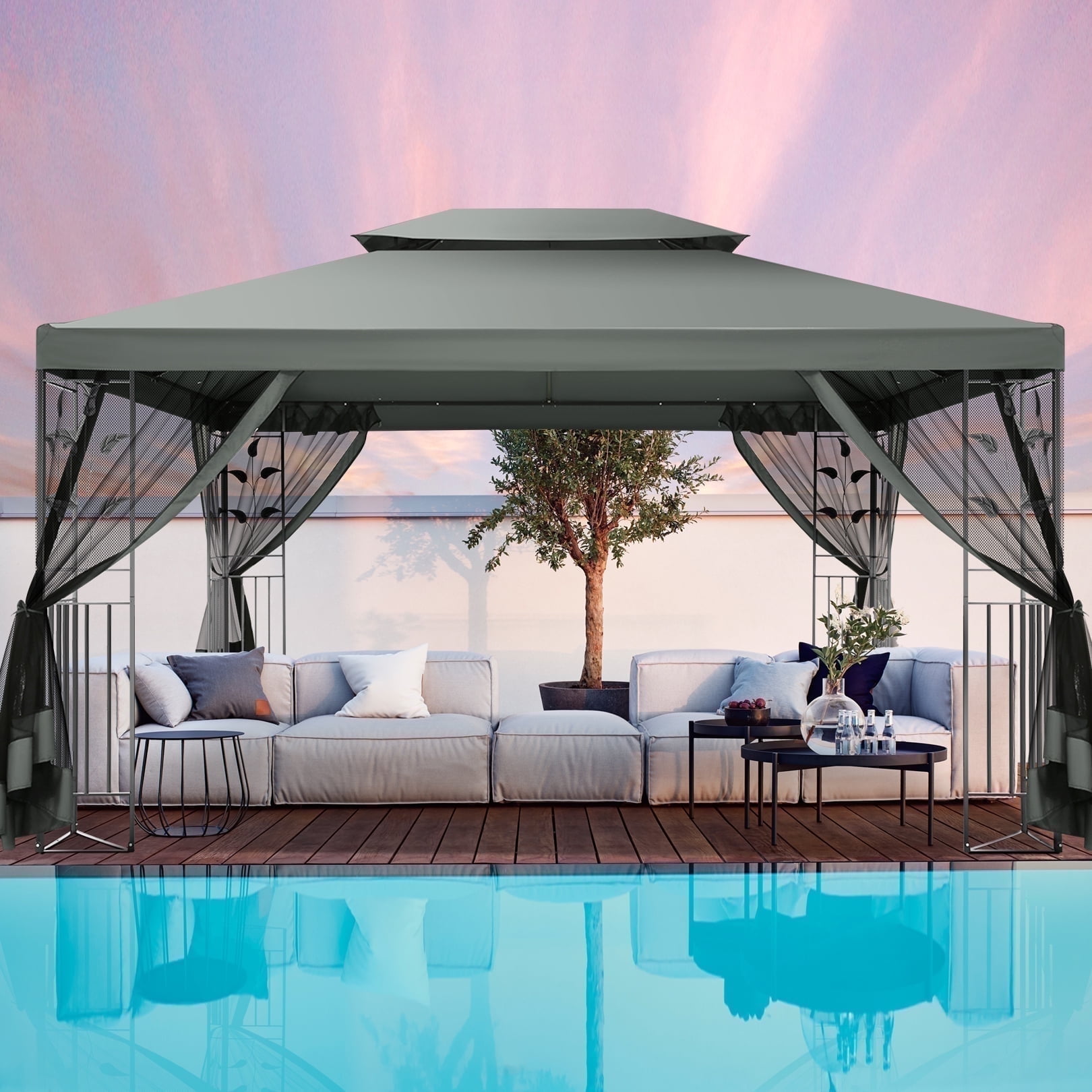Gray 10' x 13' Alloy Steel Garden Gazebo with Mosquito Netting