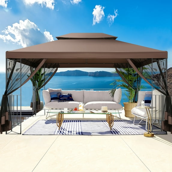 COBIZI 10' x 13' Pop Up Gazebo, Outdoor Steel Double Roof Canopy, Metal Frame Pavilion with Mosquito Netting, Sunshade for Backyard, Garden, Patio and Lawns, Brown