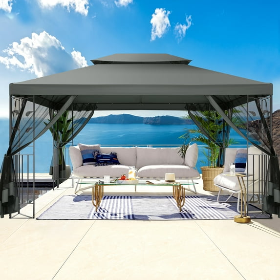 COBIZI 10' x 13' Pop Up Gazebo, Outdoor Steel Double Roof Canopy, Metal Frame Pavilion with Mosquito Netting, Sunshade for Backyard, Garden, Patio and Lawns, Gray