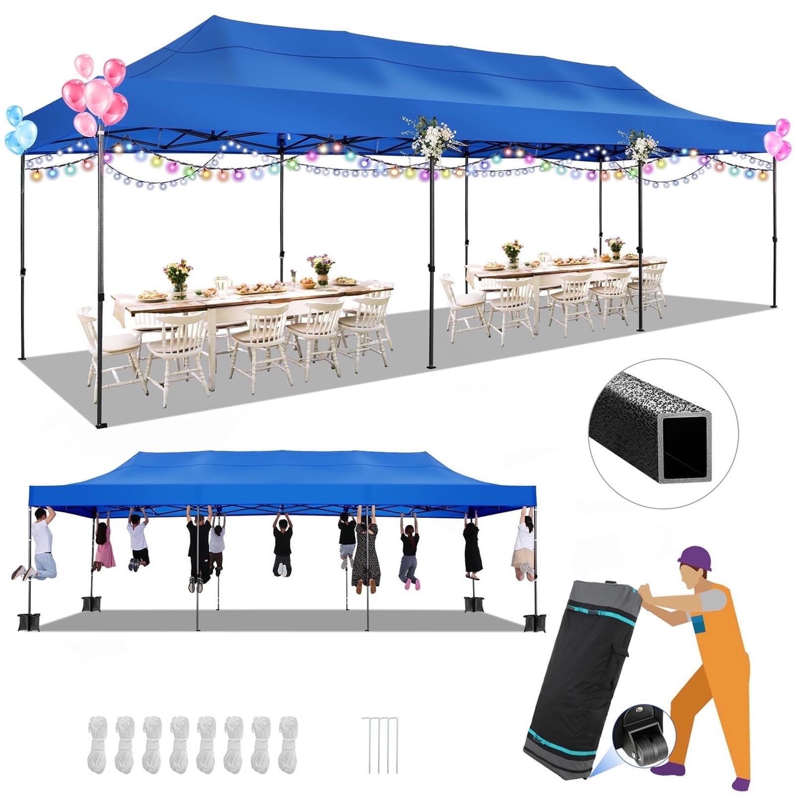 COBIZI 10x30 Heavy Duty Pop up Canopy Tent with Adjustable Height Waterproof and Instant Outdoor Shelter Event Canopy for Beach Party Camping Includes 4 Sandbags and Wheeled Bag Blue Walmart