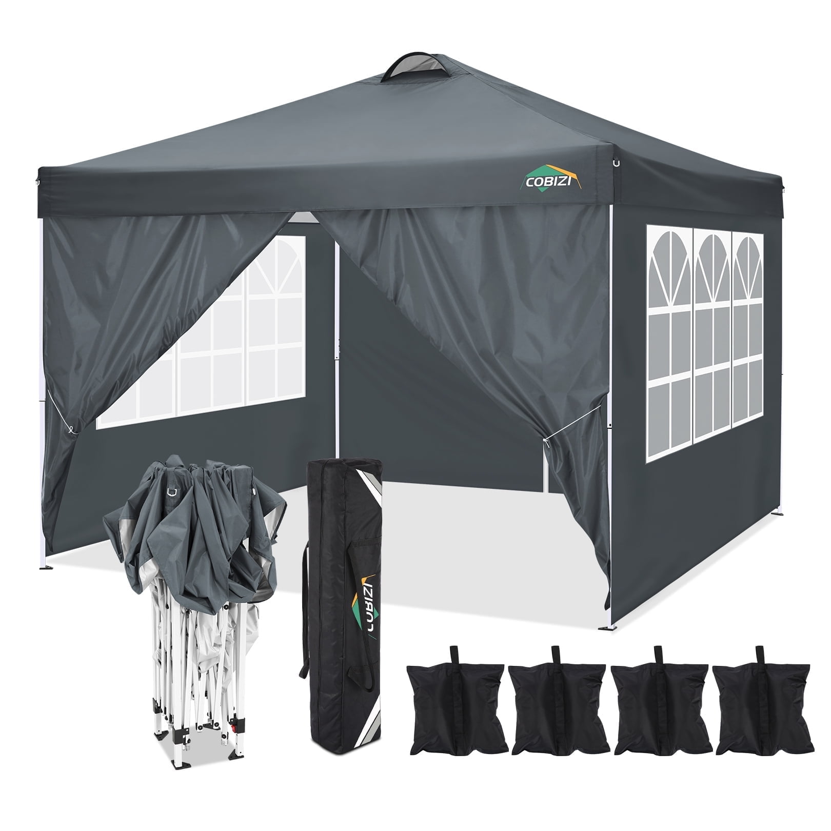 COBIZI 10' x 10' Pop-up Canopy,Easy Pop-up Canopy Tent for Outdoor Waterproof Instant Outdoor  Folding Party Tent Shelter with 4 Removable Sidewalls,Air Vent, 4 Sandbags, Carrying Bag, Gray