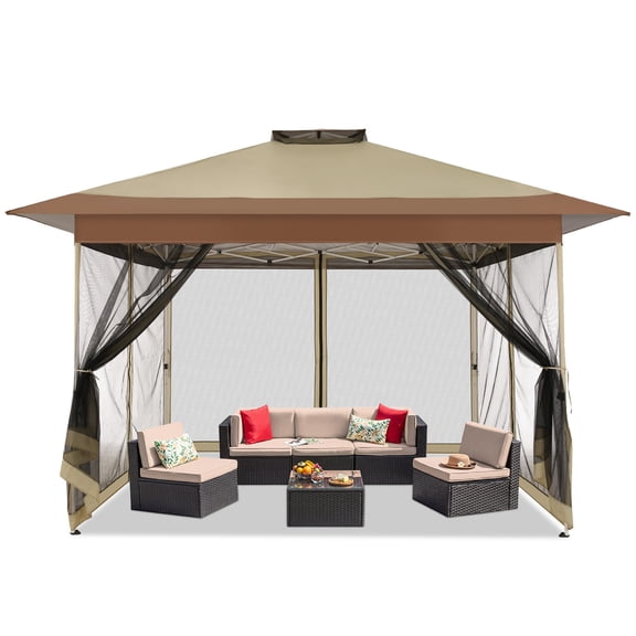 COBIZI 13x13 Pop-Up Gazebo with Mosquito Netting, Outdoor Patio Canopy Tent with 2-Tier Ventilated Roof, 3 Adjustable Heights, Provides 169 Sq Ft Shade, Beige