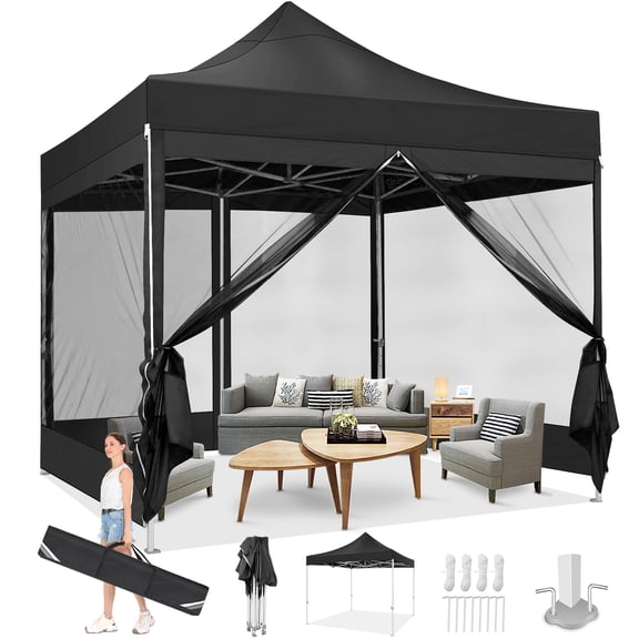 COBIZI 10X10 Heavy Duty Pop up Canopy with Mosquito Net,Instant Outdoor Shelter Large Canopy Tent for Outside,Gazebo with Mesh Sidewalls for Party,Backyard,Camping,Black