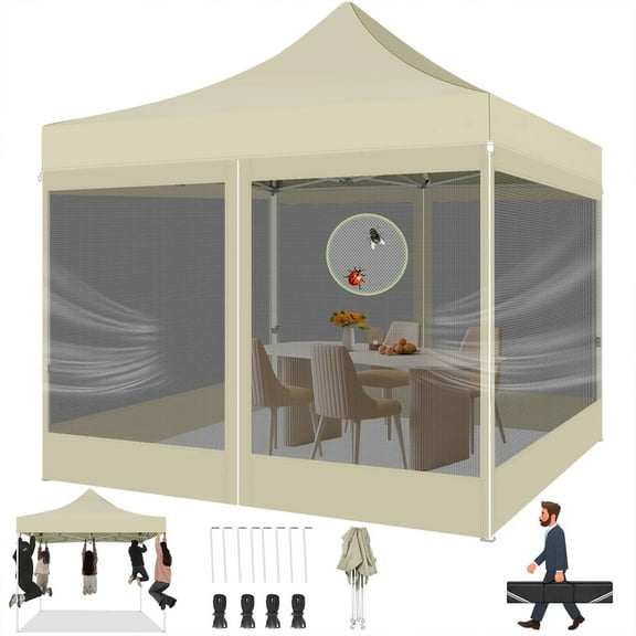 COBIZI 10X10 Heavy Duty Pop up Canopy with Mosquito Net,Instant Outdoor Shelter Large Canopy Tent for Outside,Gazebo with Mesh Sidewalls for Party,Backyard,Camping,Khaki
