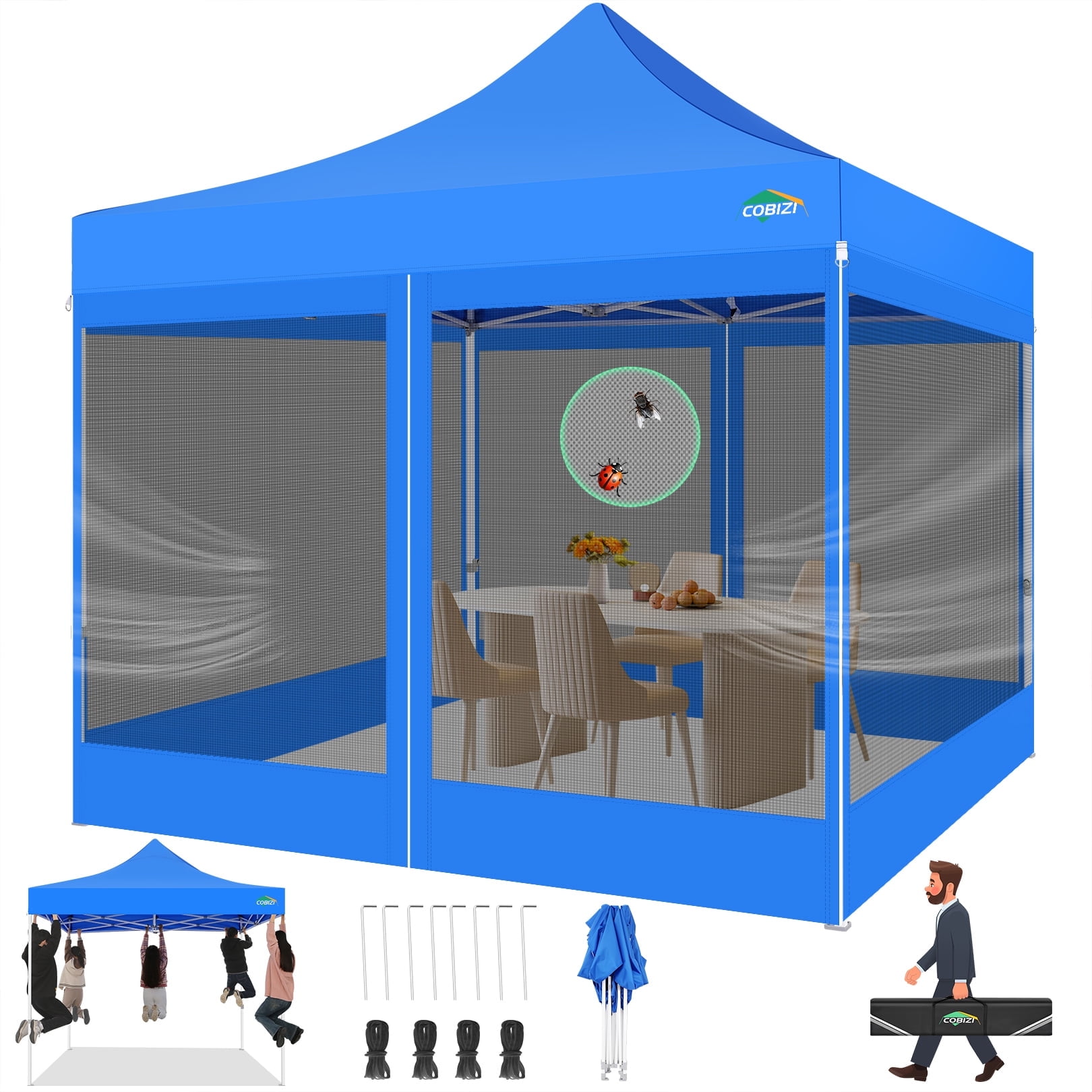 COBIZI 10X10 Heavy Duty Pop up Canopy with Mosquito Net Instant Outdoor Shelter Large Canopy Tent for Outside Gazebo with Mesh Sidewalls for Party Backyard Camping Blue Walmart